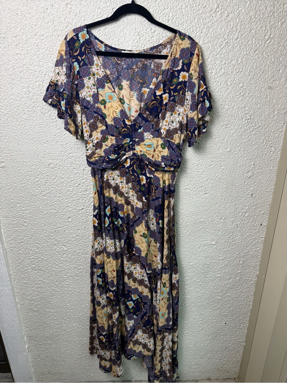 V-Neck Floral Patchwork Maxi Dress in Navy and Cream